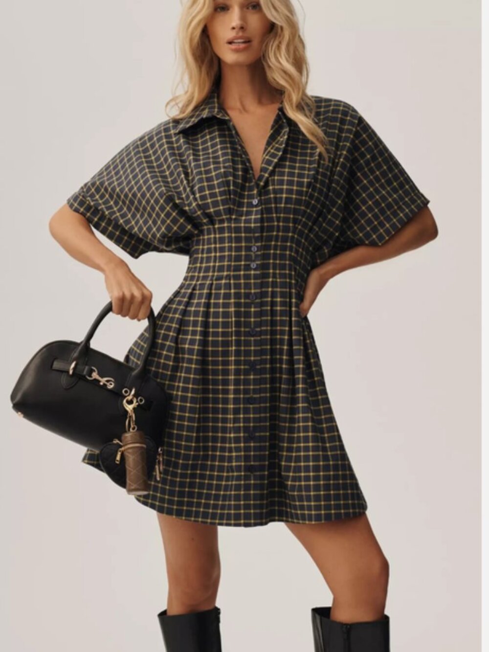 Anthropologie Tobie Mini Shirtdress by Exquise Navy Plaid SP NWT Small Petite